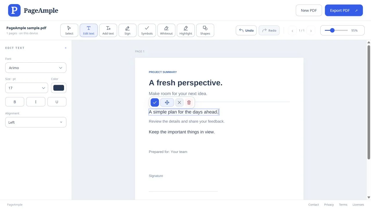 PageAmple editing a line in a sample project summary, with font controls and a checkmark to confirm the edit.