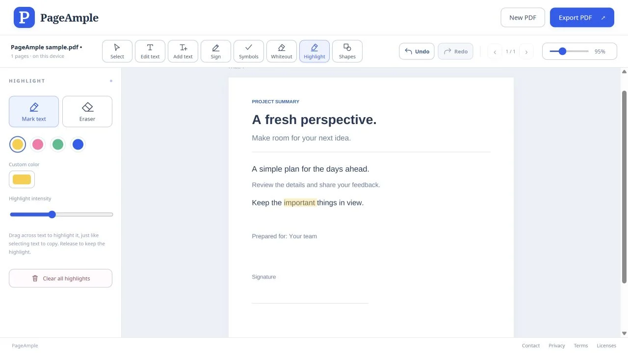PageAmple highlighting text in a sample project summary, with color presets and eraser controls in the left panel.