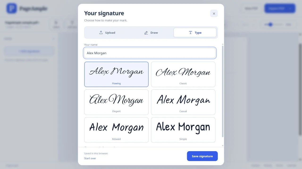 PageAmple’s signature panel showing a sample typed name in several handwriting styles.